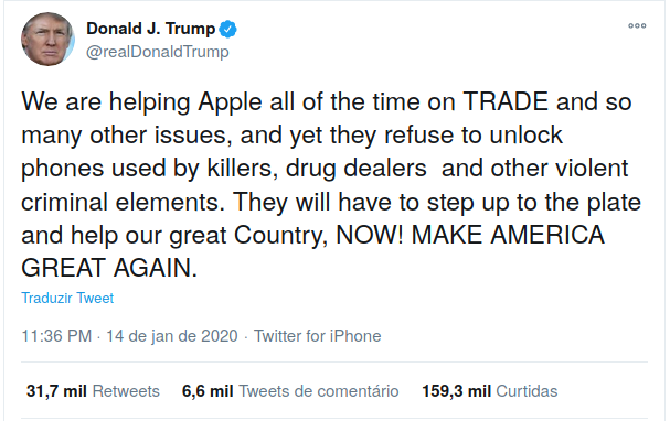 tweet de trump sobre apple recusar desencriptar iphones